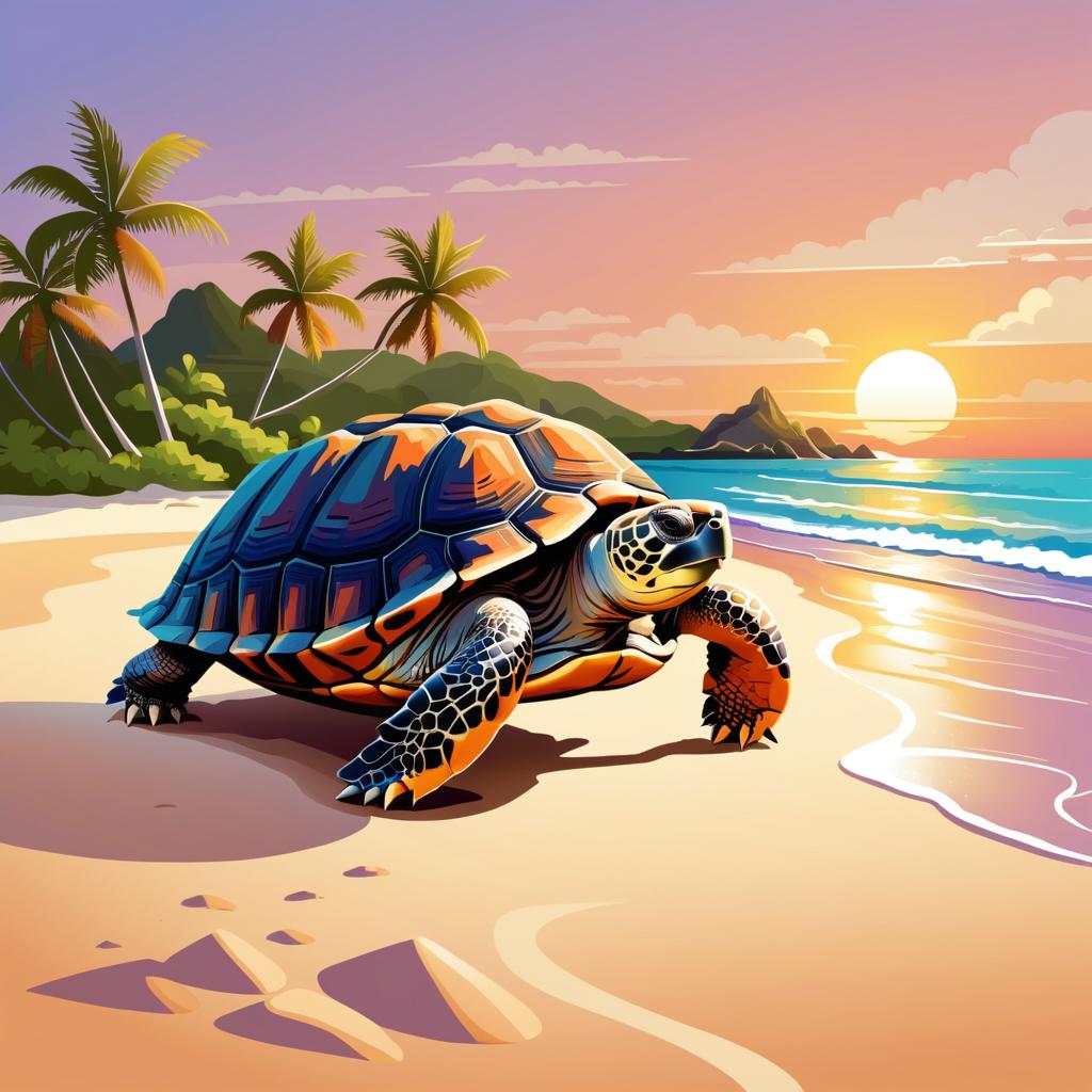 Ancient Tortoise on Tropical Shore at Dusk