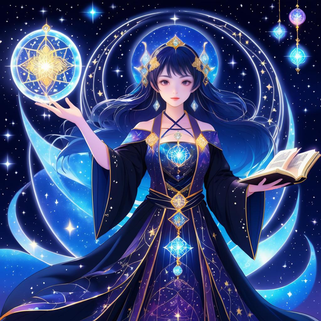 Celestial Sorceress in Starry Night Sky