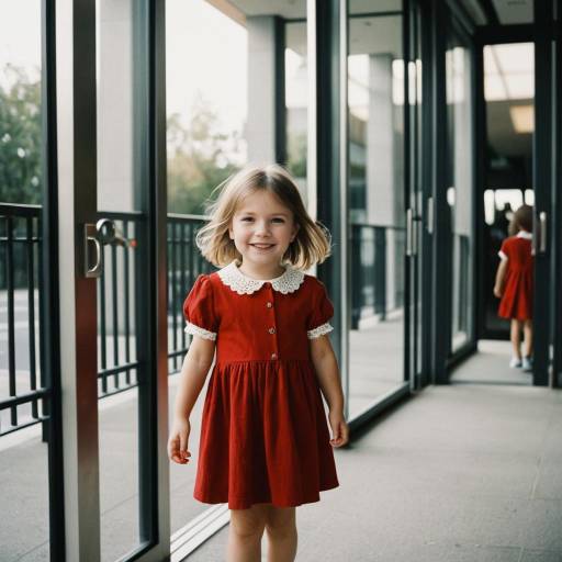 Toddler Girl in Red Dress Near Modern Building
