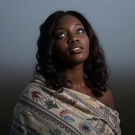 Photograph of a dark-skinned Black woman with wavy black hair, gazing upward, wearing a patterned, off-the-shoulder white
