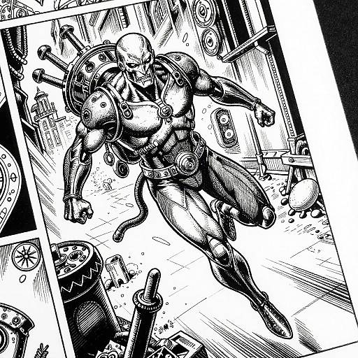 High-contrast black-and-white comic panel showing a dynamic, humanoid robot with exposed gears and mechanical limbs in a chaotic, exploded warehouse.