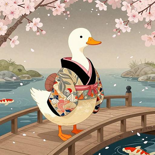 Stylized Duck in Kimono Ukiyo-e