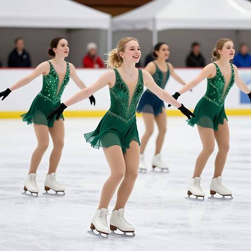 Photograph of four female figure skaters in green, sparkly, sleeveless dresses, white skates, black gloves, performing on an ice r