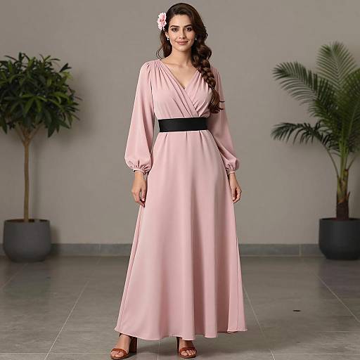 Elegant young woman in pink gown indoors