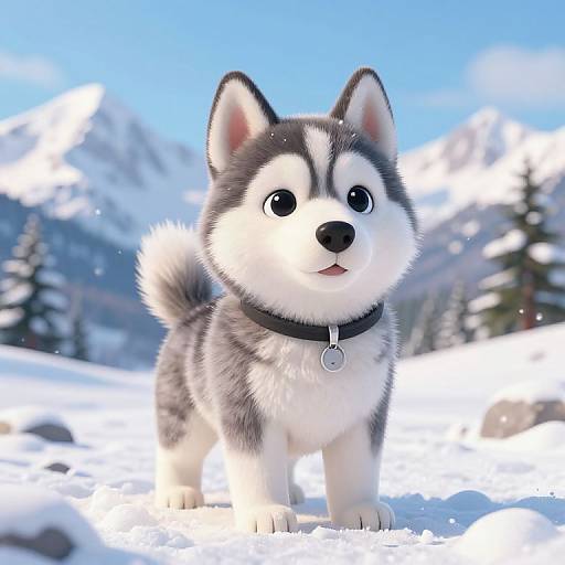 Cute 3D Cartoon Husky Puppy in Snowy Mountains