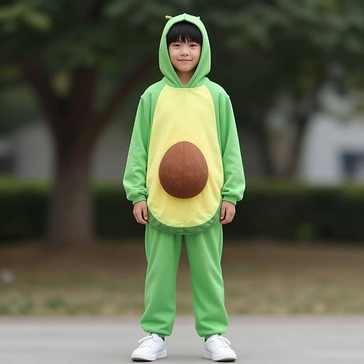 Photograph of an Asian boy in a green and yellow banana costume with a brown seed, standing on a sidewalk.
