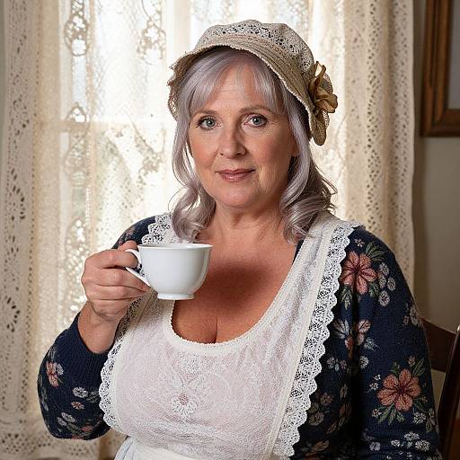 Photograph of an elderly woman with gray hair, wearing a lace apron, floral blouse, and bonnet, holding a white teacup,