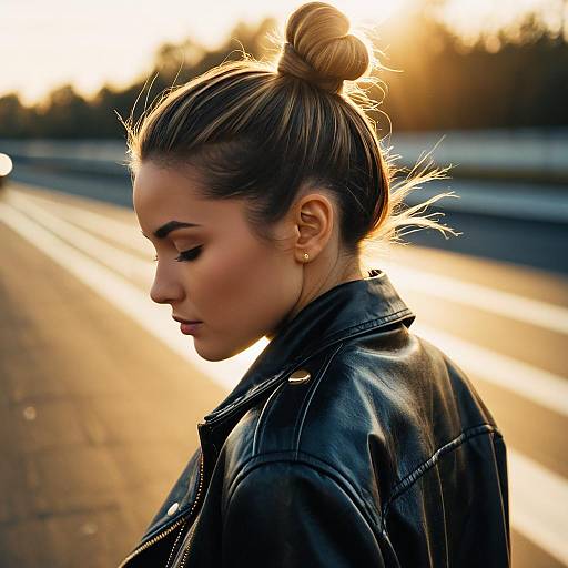 Model with Low Bun Hairstyle in Leather Jacket