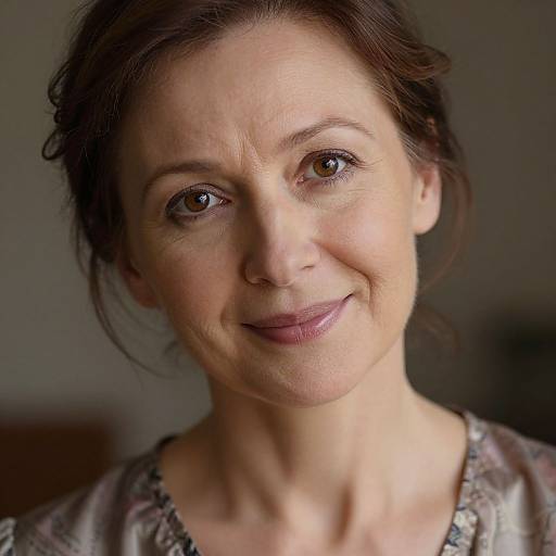 Close-up photograph of a smiling middle-aged woman with fair skin, brown eyes, and dark brown hair in a loose updo, wearing a patterned