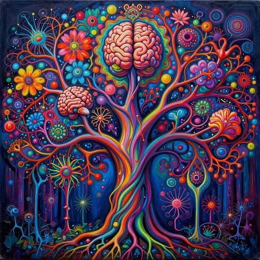 Vibrant digital artwork of a surreal tree with colorful, abstract brain and flower-like blooms, intricate roots, and a dark, cosmic background.