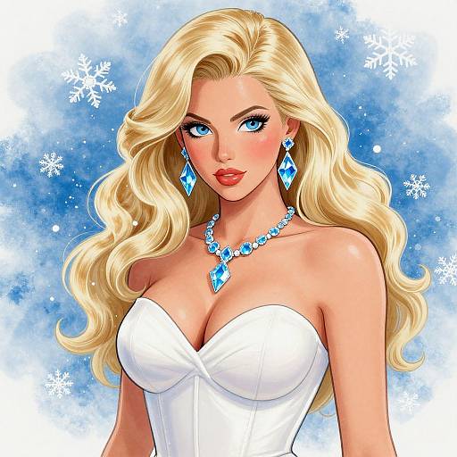Digital illustration of a blonde woman with blue eyes, wearing a white strapless dress, blue diamond earrings, and matching necklace, set against a blue snow