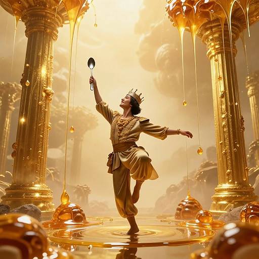 Digital artwork of a dancer in golden attire, crowned, holding a small cup, standing on a reflective gold surface, surrounded by golden columns and dripping honey