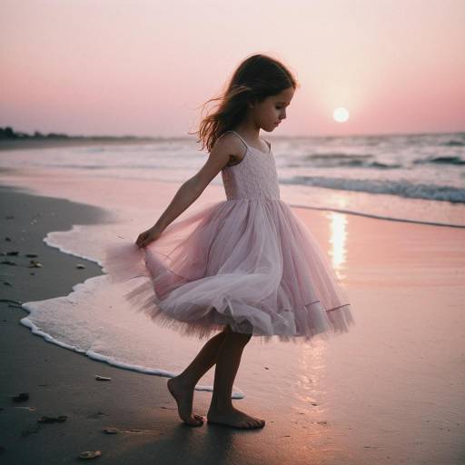 Girl in Tulle Dress at Sunset Beach