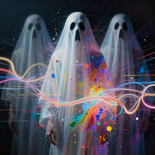 Photograph of three ghostly figures with black, empty eye sockets, in transparent white sheets, surrounded by colorful light trails and splatters against a dark