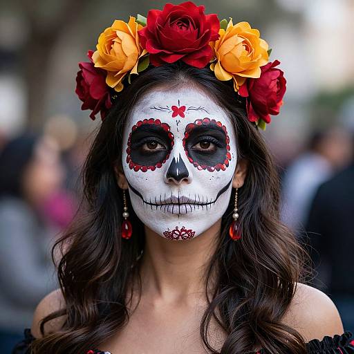 Photograph of a woman with white face paint, black and red sugar skull design, wearing a floral headband with red and yellow roses, and red
