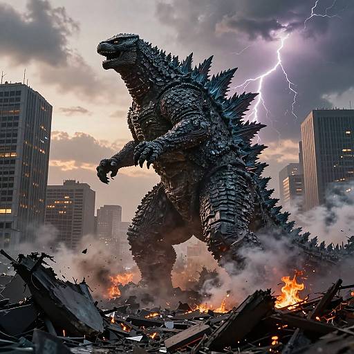 Digital artwork of a massive, blue-scaled Godzilla standing amidst a cityscape, destroying buildings with lightning illuminating the stormy sky. Flames and smoke