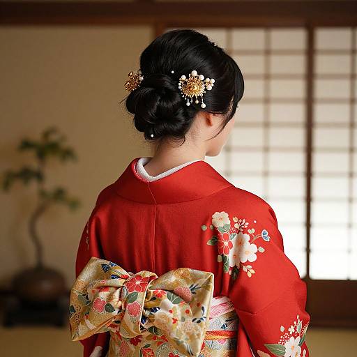 Photograph of a Japanese woman with black hair in an updo, wearing a red kimono with floral embroidery and a gold-embroidered ob
