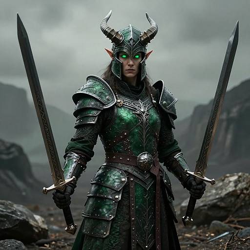Digital fantasy artwork of a fierce, glowing-eyed female warrior with horns, wearing dark green, intricately armored suit, holding two swords, standing in a
