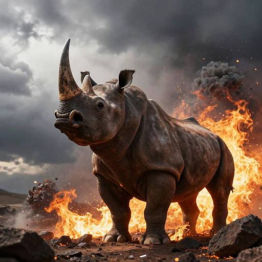 Photograph of a rhinoceros standing amidst intense orange flames and dark storm clouds, with its large horn prominently displayed.