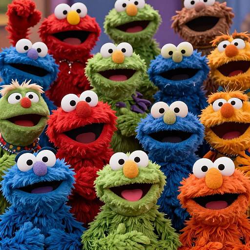 Photograph of a group of colorful Sesame Street Muppets, including Elmo, Cookie Monster, Oscar the Grouch, and others, smiling