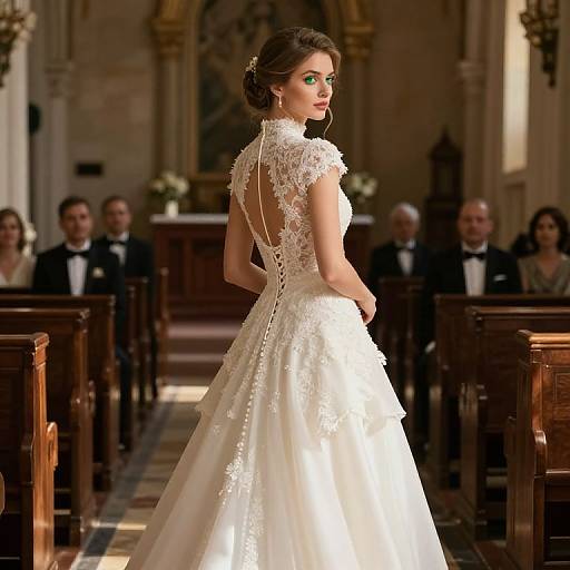 Photograph of a beautiful brunette bride in a white lace wedding dress with a backless design, standing in a dimly lit, ornate church,
