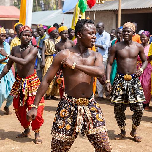 Photograph of African men in traditional, colorful, beaded loincloths and headbands, dancing outdoors in a vibrant, crowded village scene.