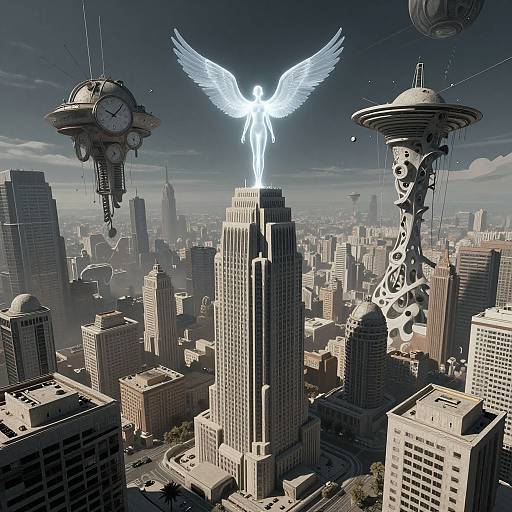 Digital art of a futuristic cityscape with a glowing angel with wings emerging from a skyscraper, surrounded by floating UFOs and a giraffe-shaped structure
