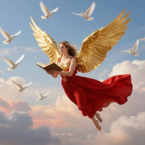 Angelic woman with golden wings, red dress, and book, floating among white doves, against a blue sky with pink clouds. Photograph.
