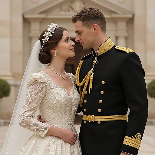 Photograph of a bride in a white lace gown and tiara, and groom in a black military uniform with gold trim, gazing at each other