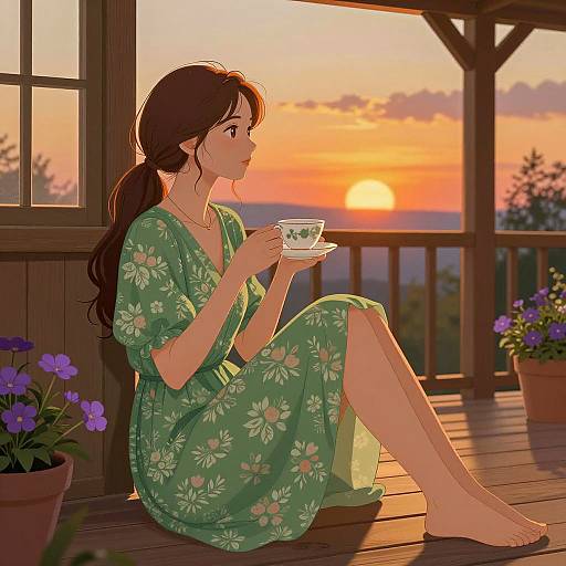 Young Woman Enjoying Tea on Porch at Sunset