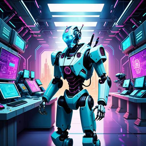 Futuristic Robot Engineer in Cyberpunk Lab