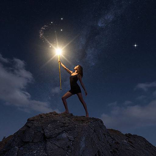 Photograph of a woman in a black tank top and shorts, standing on a rocky peak, holding a glowing wand, with a starry night sky