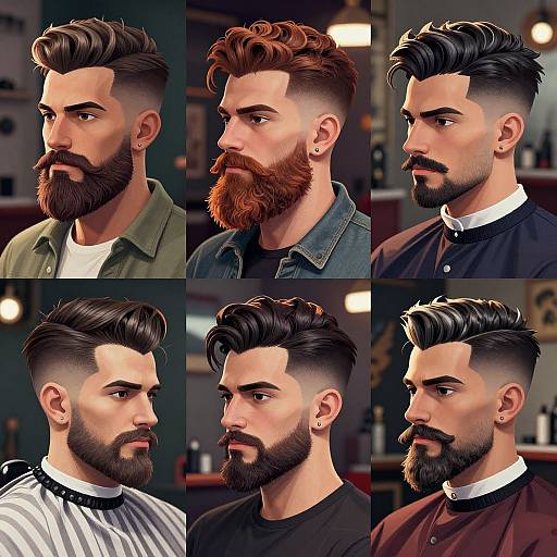 Photorealistic digital collage of six men with various hairstyles, beards, and haircuts, showcasing different barber styles and facial hair.