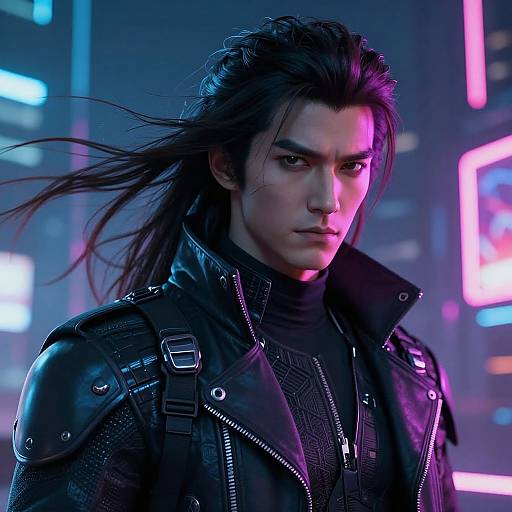 CGI image of a serious, long-haired man in a black leather jacket with neon city lights in the background.