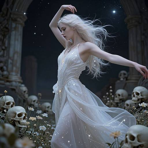 Ethereal photograph of a pale, white-haired woman in a sparkling, flowing white dress, dancing among skulls and flowers in a dark, starry