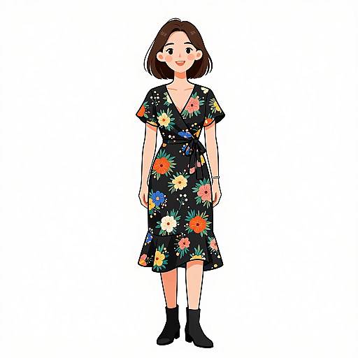 Digital illustration of a smiling Asian woman with short brown hair, wearing a black floral dress, black ankle boots, and a bracelet. White background.