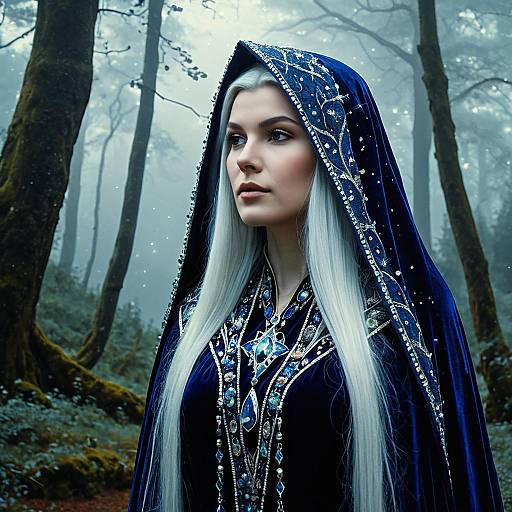 Elven Priestess in Blue Velvet Veil