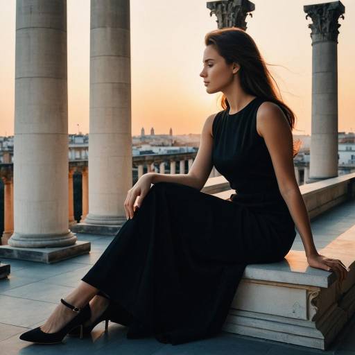 Elegant Woman in Black Dress on Rooftop Terrace