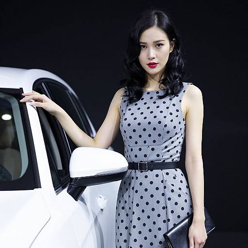 Asian woman with black wavy hair, red lipstick, gray polka dot dress, black belt, white car, black background, holding black clutch.