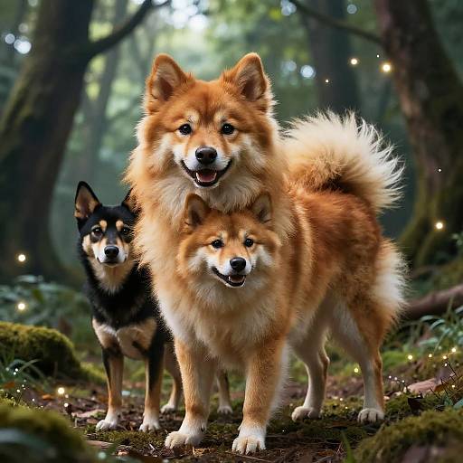 Photograph of three fluffy, orange and white Shiba Inu dogs with black markings, standing closely together in a lush, forested background with glowing