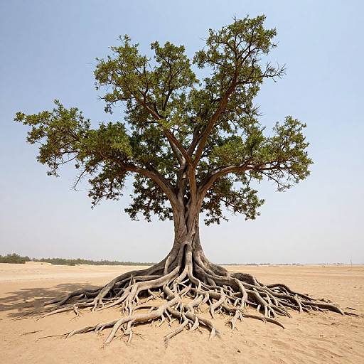 Photograph of a solitary, large tree with sprawling roots in a vast, empty desert under a clear blue sky.