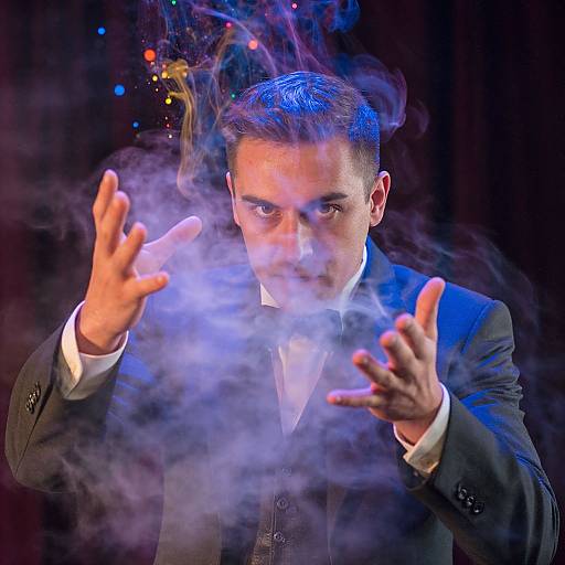 Photograph of a stern-faced man in a black suit, hands outstretched, surrounded by swirling blue and purple smoke against a dark background.