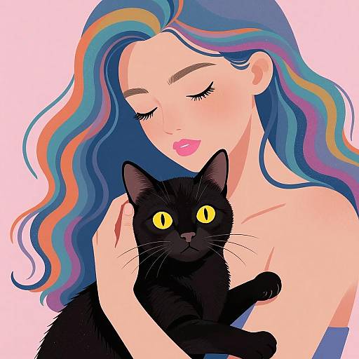 Woman with Multicolored Hair Holding Black Cat