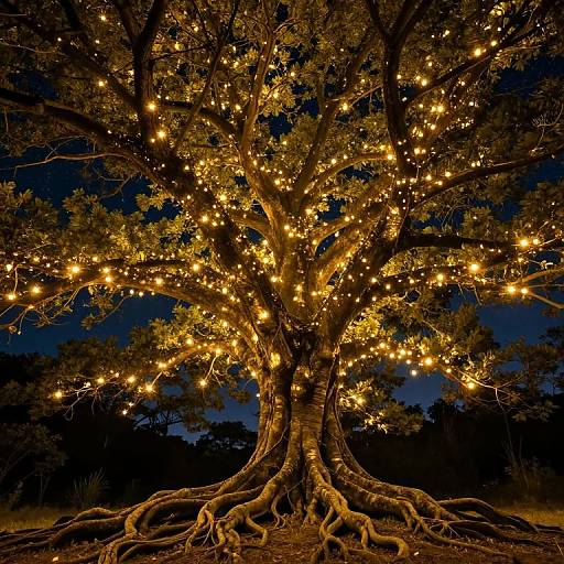 Photograph of a large tree at night, illuminated by warm yellow string lights, with visible roots and a dark blue sky background.