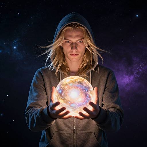 Photograph of a blonde, hooded man with intense expression, holding a glowing, illuminated Earth in his hands against a starry, cosmic background.