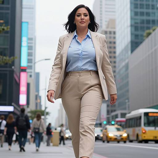 Photograph of a confident, dark-haired woman in a light beige suit and blue blouse walking in a busy, urban city street.