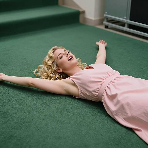 Blonde Woman on Green Carpet in Pink Dress