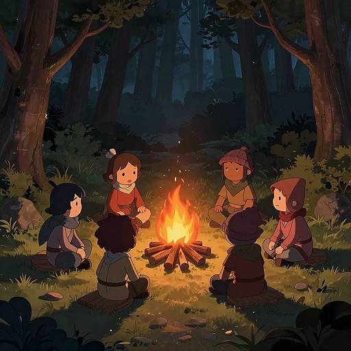 Digital illustration of five children, diverse in appearance, sitting around a campfire in a dark, enchanted forest at night, sharing stories and warmth.