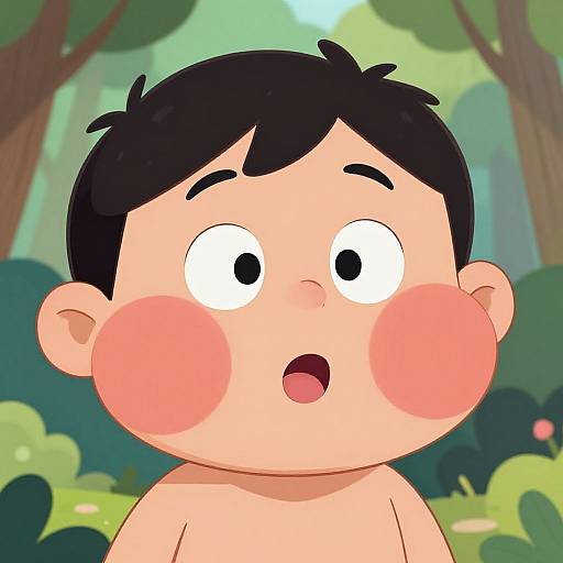 Cartoon-style image of a surprised, chubby-cheeked, shirtless boy with black hair in a forest background. Large pink cheeks, wide eyes