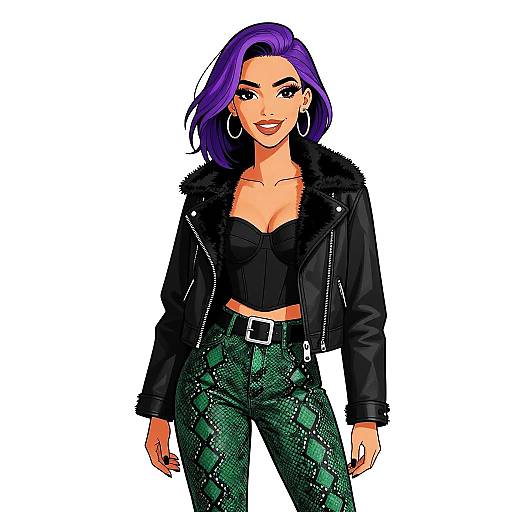 Digital illustration of a confident woman with purple hair, wearing a black leather jacket, black crop top, and green snake-print pants.